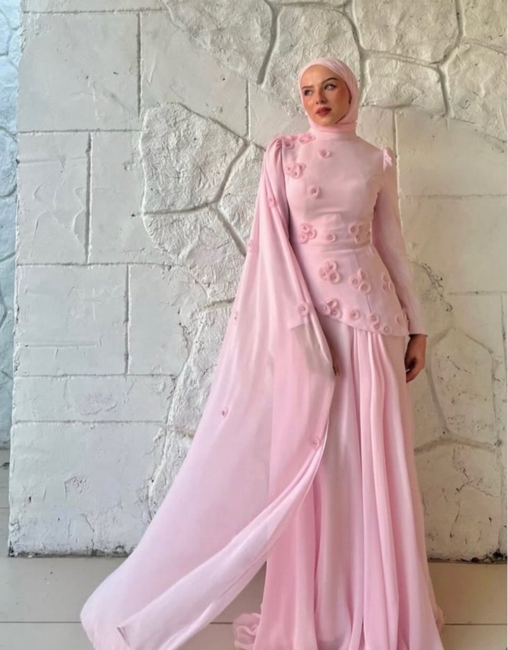 Pembe Uzun Kollu Çiçekli Abiye Elbise - Görsel 2