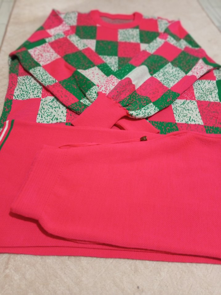 Renkli Kareli Kadın Triko takım - Görsel 2