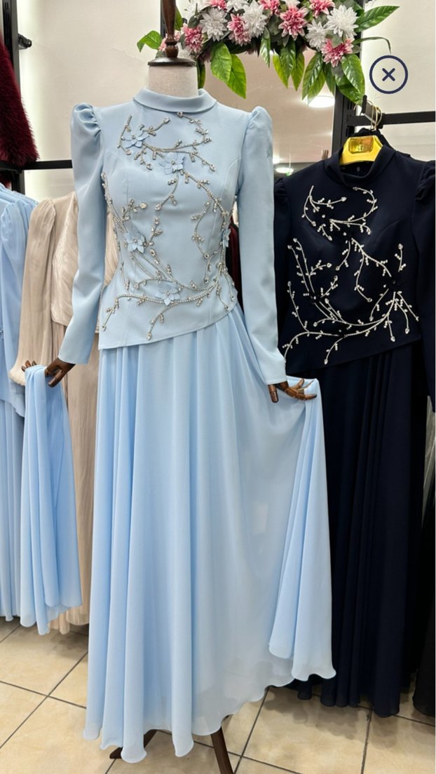 İşlemeli Boncuklu Uzun Kollu Abiye Elbise - Görsel 2