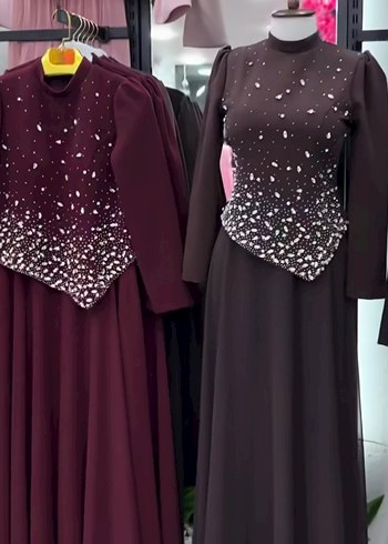 Bordo Uzun Kollu Nakışlı Abiye Elbise - Görsel 2