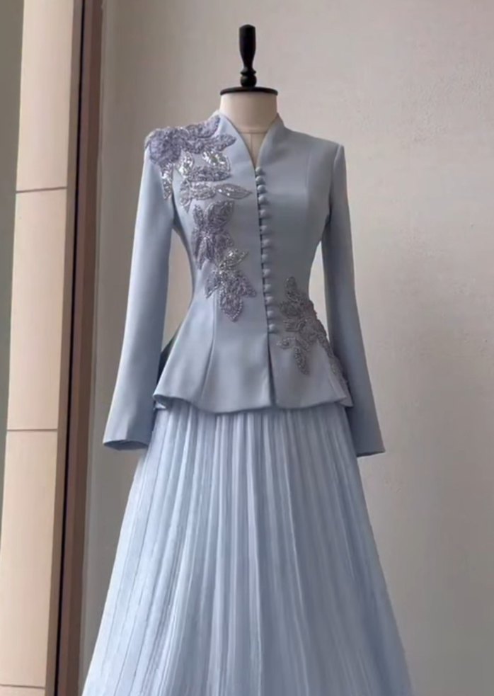 Nakışlı Pilili Uzun Abiye Elbise - Görsel 2