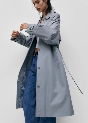 Gri Kadın Kot Trençkot Kemerli - Görsel 2