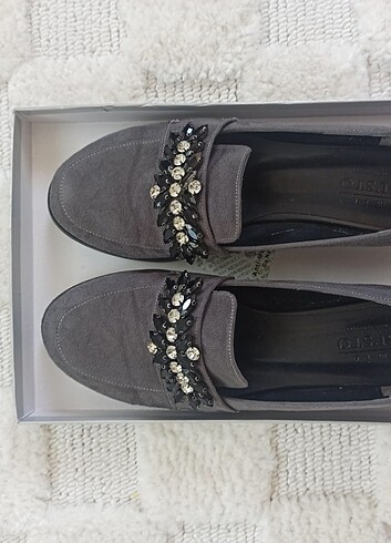 Diğer Gri süet taşlı loafer ayakkabı