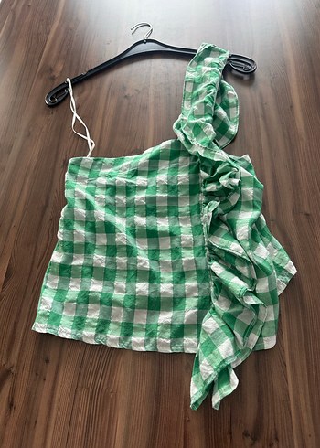 Tek kol şık Yeşil Kareli Kolsuz Drapeli Mini Bluz