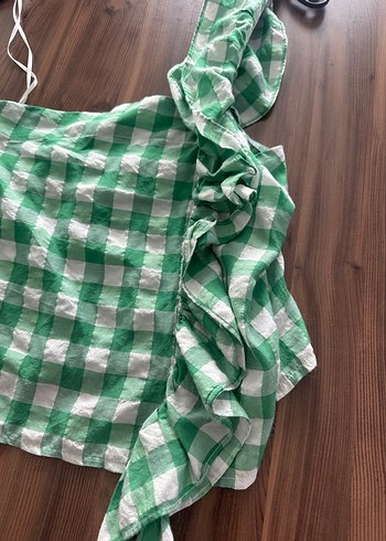 xs Beden yeşil Renk Tek kol şık Yeşil Kareli Kolsuz Drapeli Mini Bluz