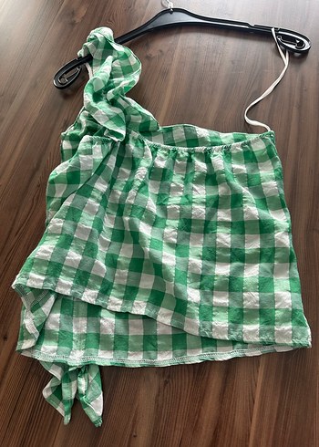 Diğer Tek kol şık Yeşil Kareli Kolsuz Drapeli Mini Bluz