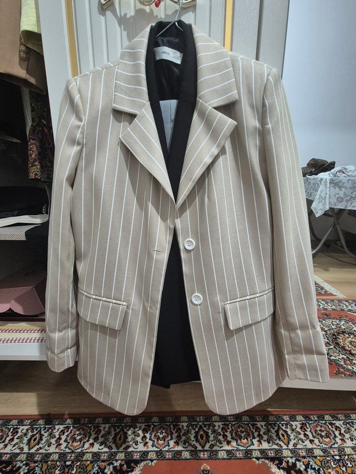 Bej Çizgili Kadın Blazer Ceket - Görsel 4