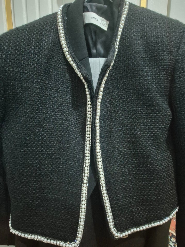 vintage incili Siyah Kadın Mini tüvit ceket - Görsel 2