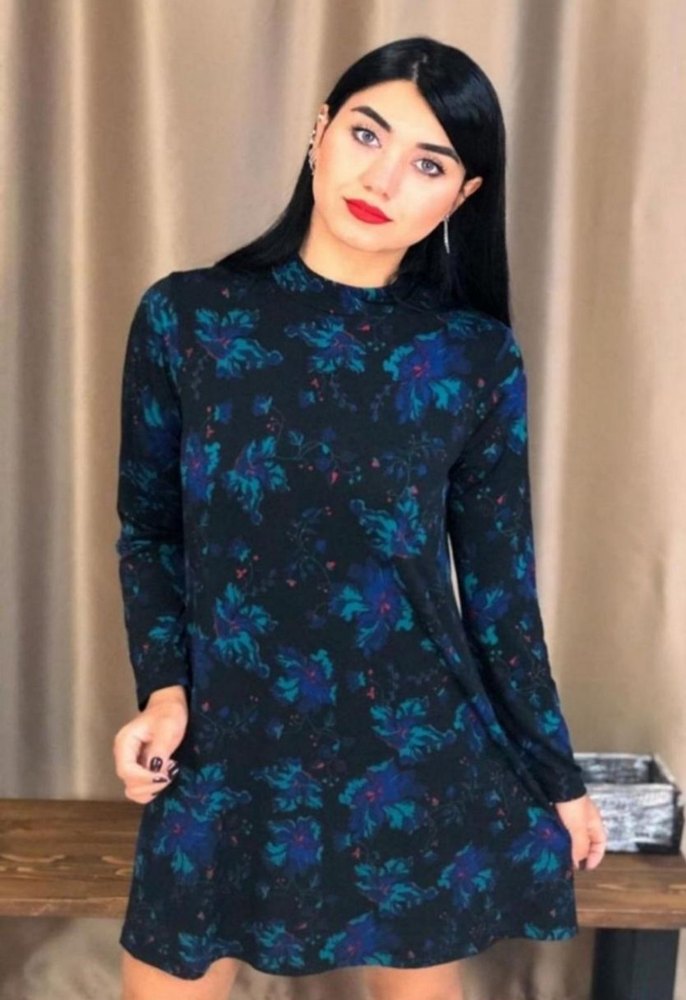 Uzun Kollu, Pileli, Bağlama Desenli Uzun Elbise - Görsel 2