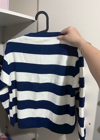 Mavi Beyaz Çizgili Düğmeli Kadın Hırka - Görsel 2