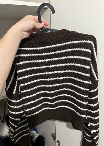 Kadın Kahverengi Çizgili Triko Kazak - Görsel 2