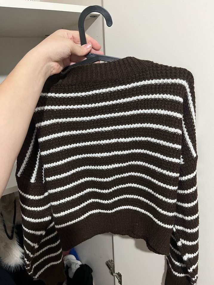 Kadın Kahverengi Çizgili Triko Kazak - Görsel 2