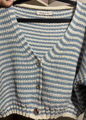 Mavi Gri Çizgili Triko Kadın Hırka - Görsel 3