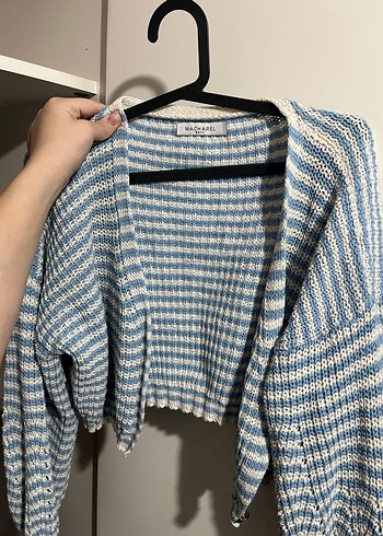 Mavi Gri Çizgili Triko Kadın Hırka - Görsel 2