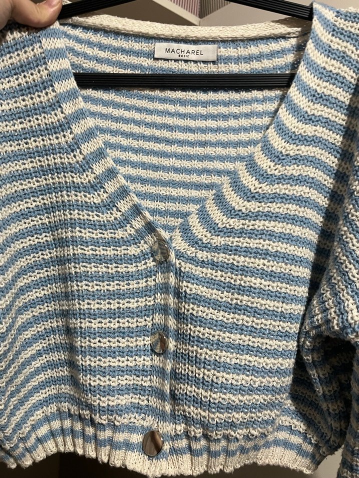 Mavi Gri Çizgili Triko Kadın Hırka - Görsel 3