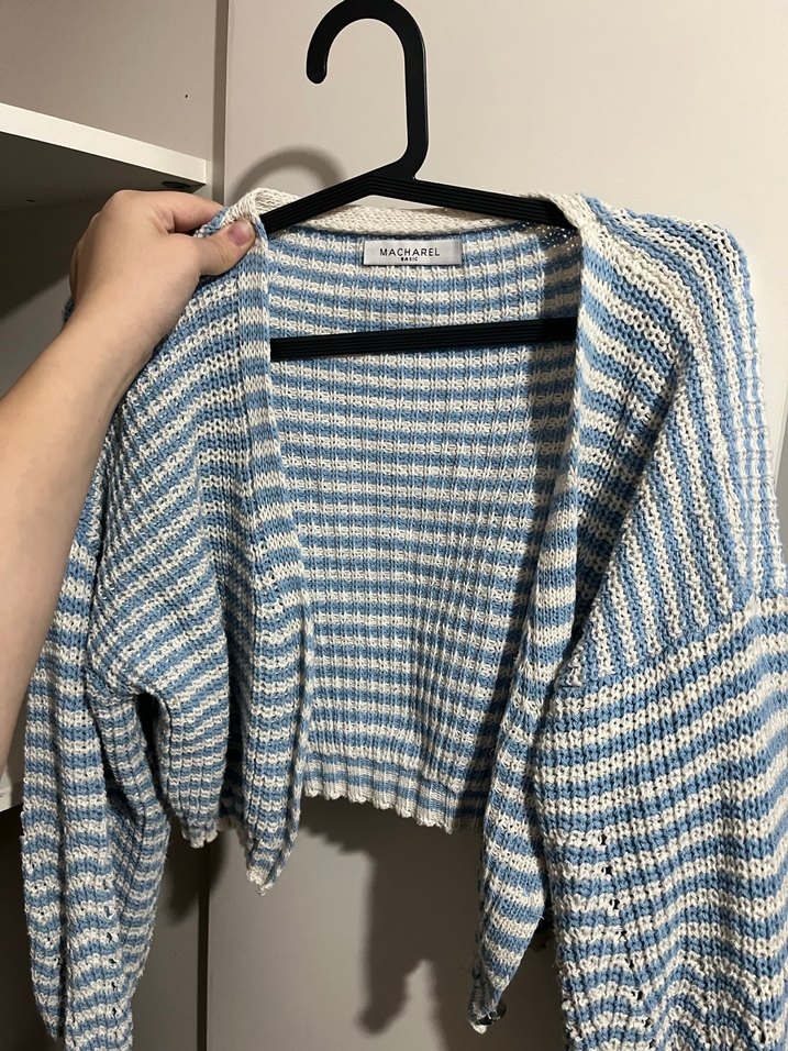 Mavi Gri Çizgili Triko Kadın Hırka - Görsel 2