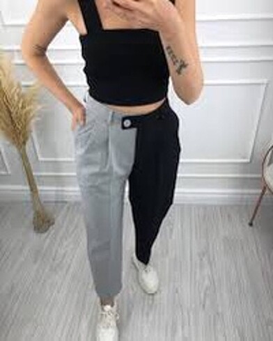 Siyah Kadın Gri Asimetrik Pantolon