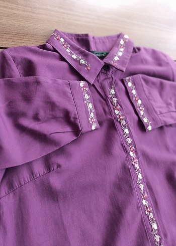 Nakışlı Mor Kadın Gömlek - Görsel 10