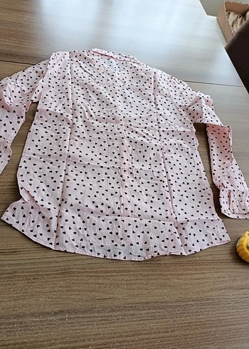 Pembe Kalp Desenli Uzun Kollu Kadın Gömlek - Görsel 9
