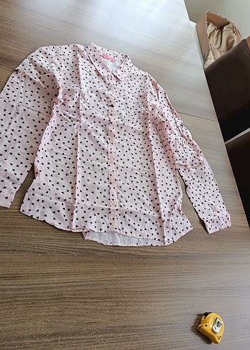 Pembe Kalp Desenli Uzun Kollu Kadın Gömlek - Görsel 3