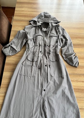 Gri Kadın Uzun Trençkot Kemerli Rahat Kesim - Görsel 12