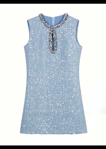 Mavi İşlemeli Boncuk Detaylı Kolsuz Mini Elbise 36 b - Görsel 3