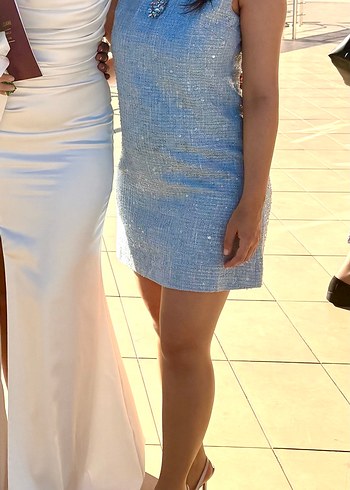 Mavi İşlemeli Boncuk Detaylı Kolsuz Mini Elbise 36 b - Görsel 4