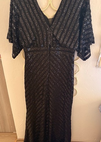 Siyah İşlemeli V Yaka Uzun Abiye Elbise 46 beden - Görsel 2