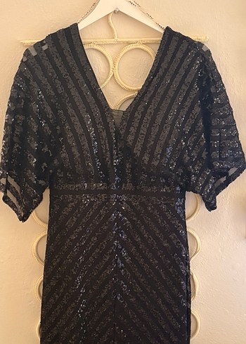 Siyah İşlemeli V Yaka Uzun Abiye Elbise 46 beden - Görsel 4