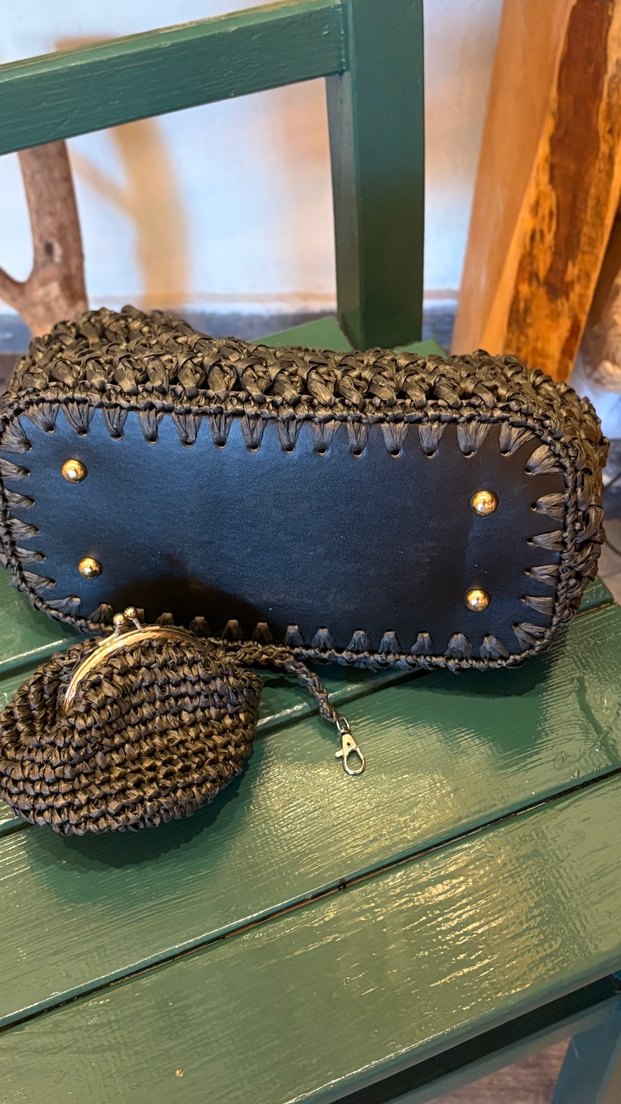 Siyah Örgü Bohem Kadın Çanta mango model deri taban - Görsel 2