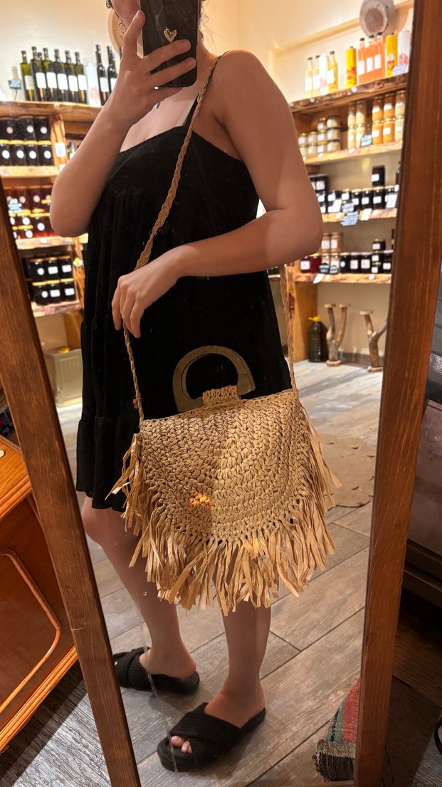 Püsküllü Bej Örgü Bohem Kadın Çanta - Görsel 4