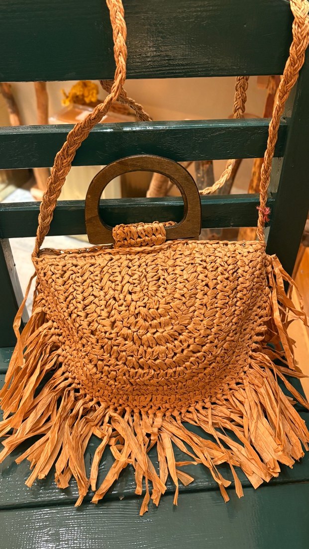 Püsküllü Bej Örgü Bohem Kadın Çanta - Görsel 2