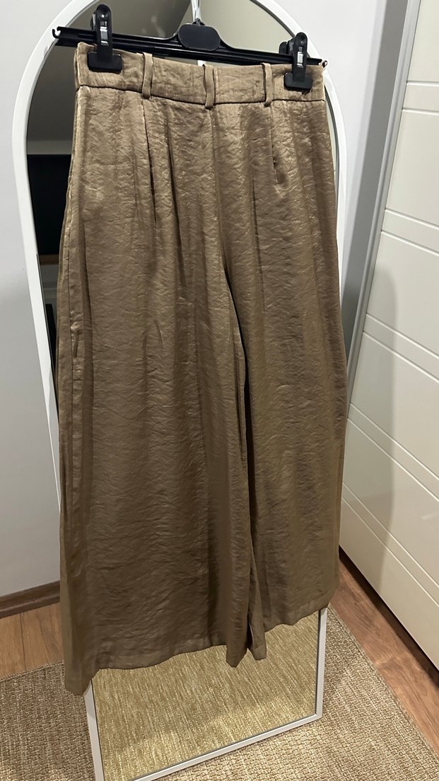 Zara Bej Keten Geniş Paça Pantolon — görsel 2/8