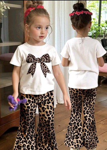 Kız Bebek Leopar Desenli Fiyonk Detaylı Takım