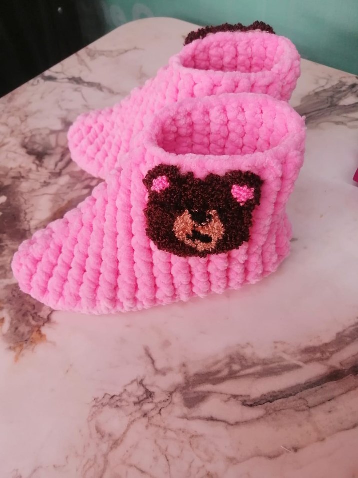 Kız Çocuk Pembe Örgü Ev Terliği panduf - Görsel 2