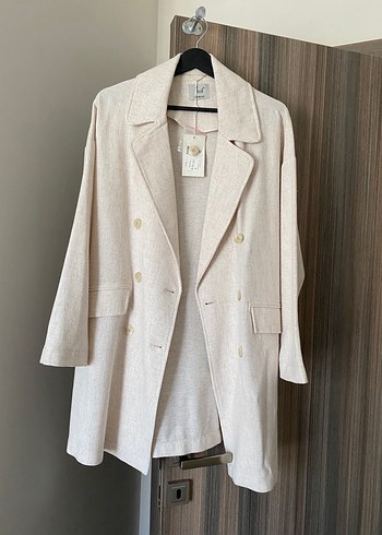 Stradivarius Bej Keten Kadın Uzun Ceket