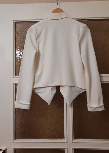 Beyaz Midi Kadın Drapeli Blazer Ceket - Görsel 7