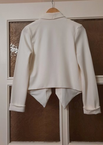 Beyaz Midi Kadın Drapeli Blazer Ceket - Görsel 8