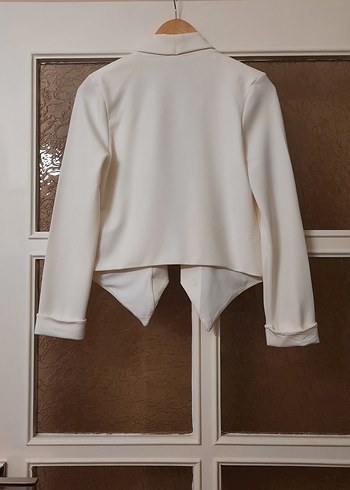 Beyaz Midi Kadın Drapeli Blazer Ceket - Görsel 9