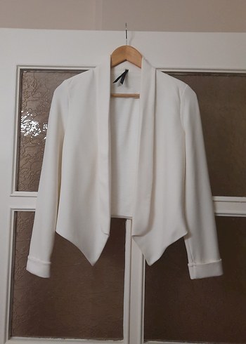 Beyaz Midi Kadın Drapeli Blazer Ceket - Görsel 6