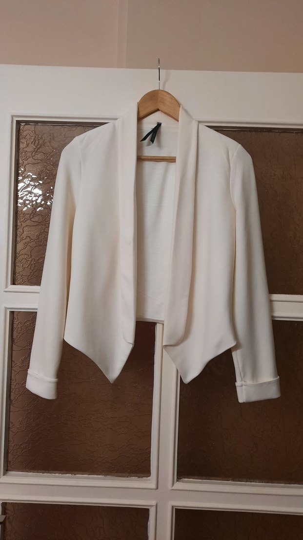 Beyaz Midi Kadın Drapeli Blazer Ceket - Görsel 3