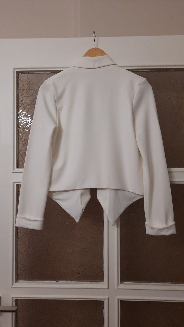 Beyaz Midi Kadın Drapeli Blazer Ceket - Görsel 4