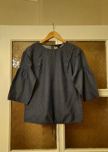 Kadın Lacivert Denim Pilili Bluz - Görsel 13