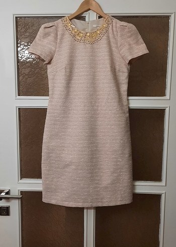 İş için İnci İşlemeli Bej Midi Elbise - Görsel 5