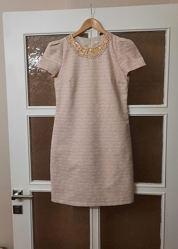 İş için İnci İşlemeli Bej Midi Elbise - Görsel 2