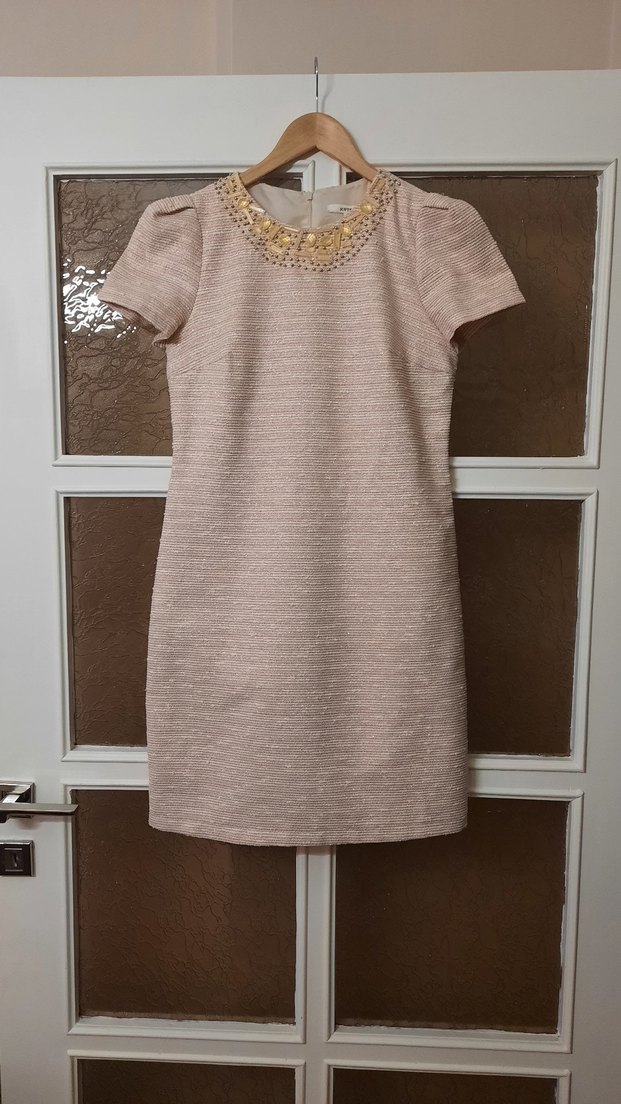 İş için İnci İşlemeli Bej Midi Elbise - Görsel 5