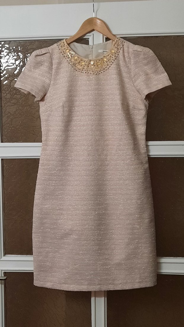 İş için İnci İşlemeli Bej Midi Elbise - Görsel 4