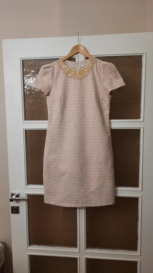 İş için İnci İşlemeli Bej Midi Elbise - Görsel 2