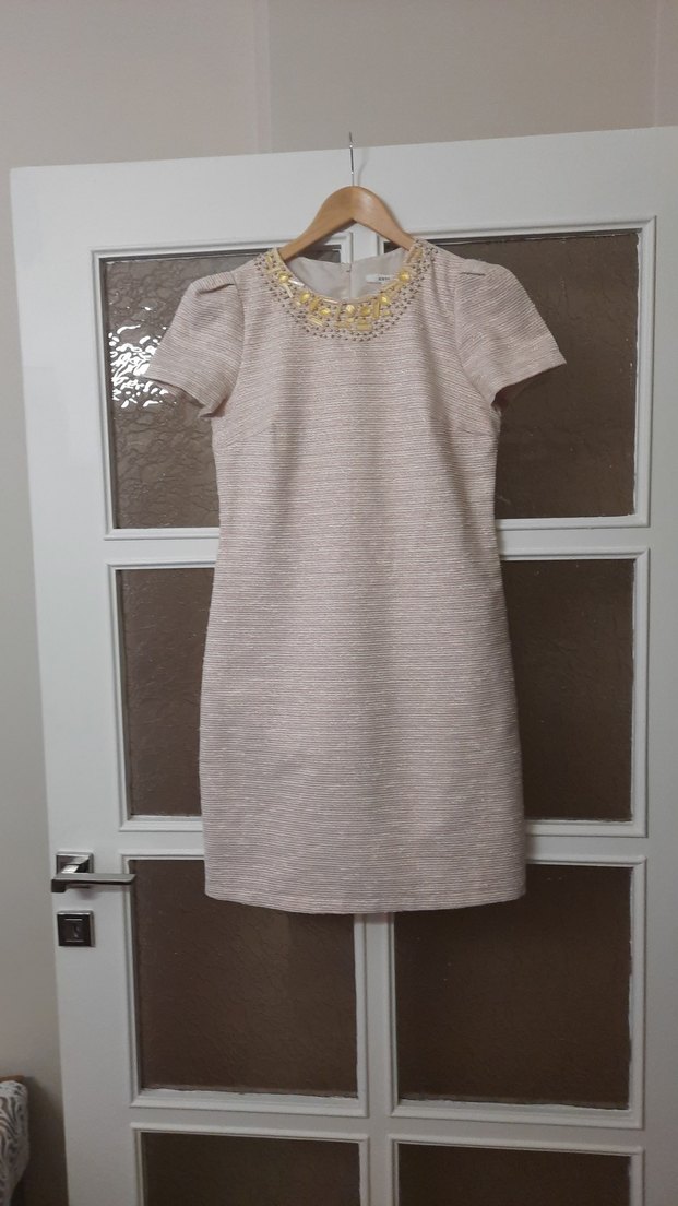 İş için İnci İşlemeli Bej Midi Elbise - Görsel 3