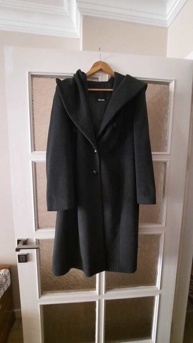 Füme renk,kapişonlu, kemerli, kaban - Görsel 3